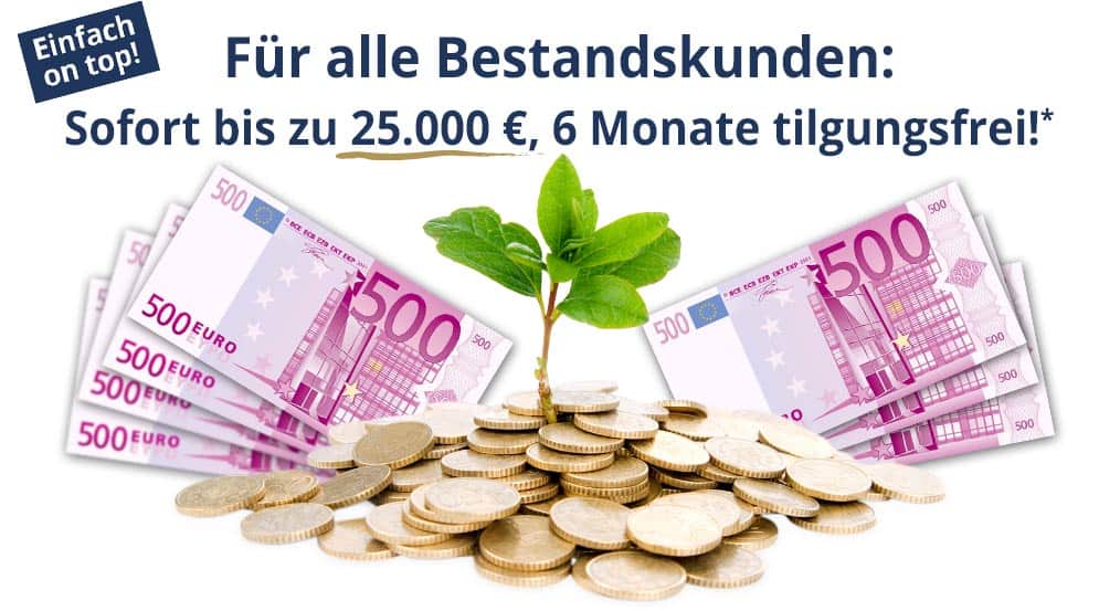 Für alle Premium-/ Bestandskunden: Folgekredit bis zu einem Gesamtvolumen von 25.000 Euro - optionale tilgungsfreie Zeit von 6 Monaten!